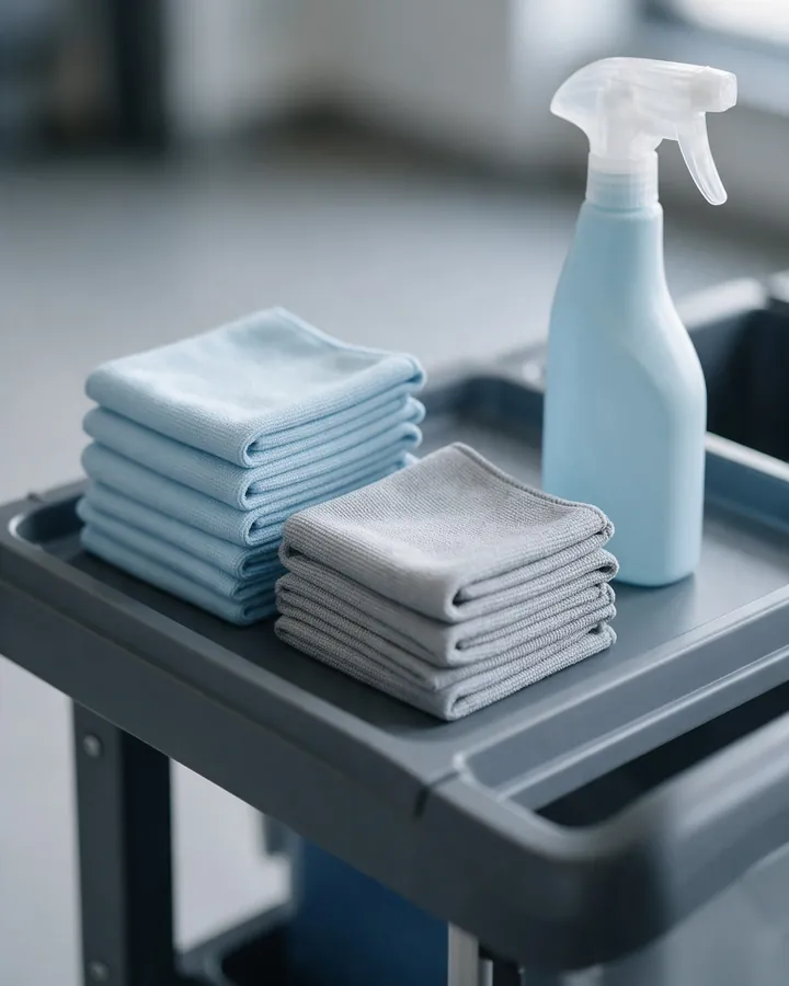 Gefaltete hellblaue und graue Mikrofasertücher mit einer Sprühflasche auf einem Reinigungswagen