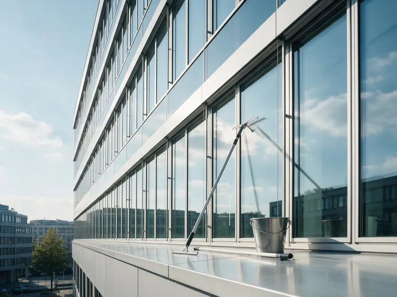 Glasfassade eines Bürogebäudes, auf dem Sims ein Fensterabzieher und ein Eimer