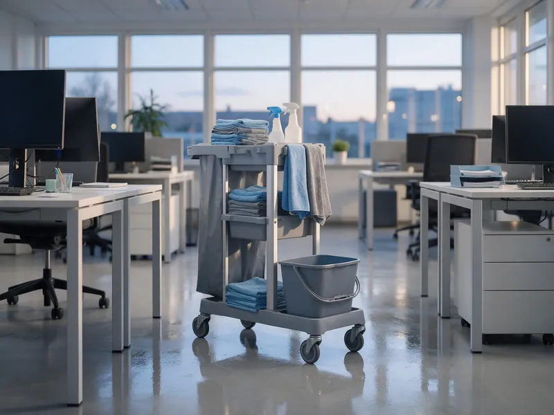 Reinigungswagen mit blauen und grauen Mikrofasertüchern zwischen Arbeitsplätzen in einem Büro